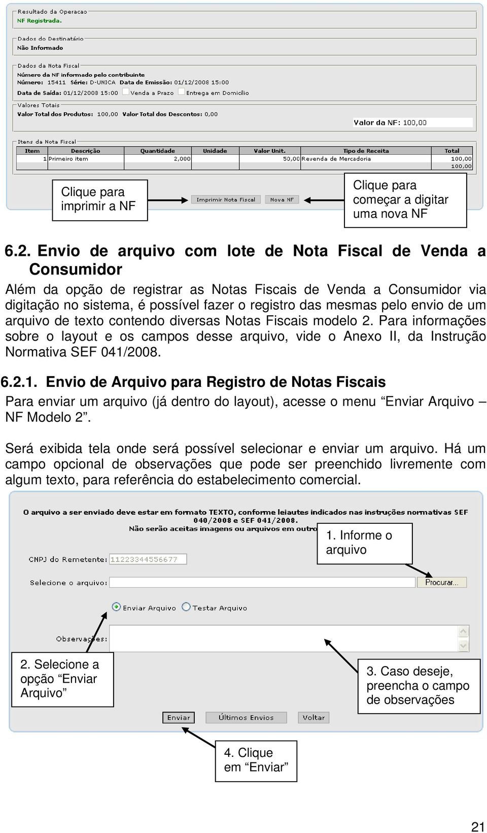 envio de um arquivo de texto contendo diversas Notas Fiscais modelo 2. Para informações sobre o layout e os campos desse arquivo, vide o Anexo II, da Instrução Normativa SEF 041/