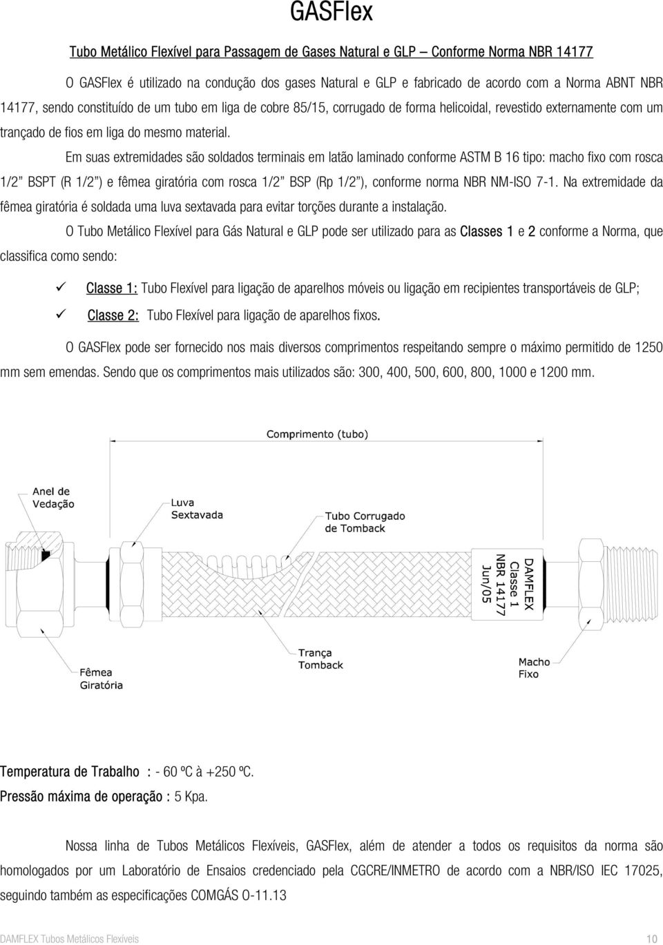 Em suas extremidades são soldados terminais em latão laminado conforme ASTM B 16 tipo: macho fixo com rosca 1/2 BSPT (R 1/2 ) e fêmea giratória com rosca 1/2 BSP (Rp 1/2 ), conforme norma NBR NMISO