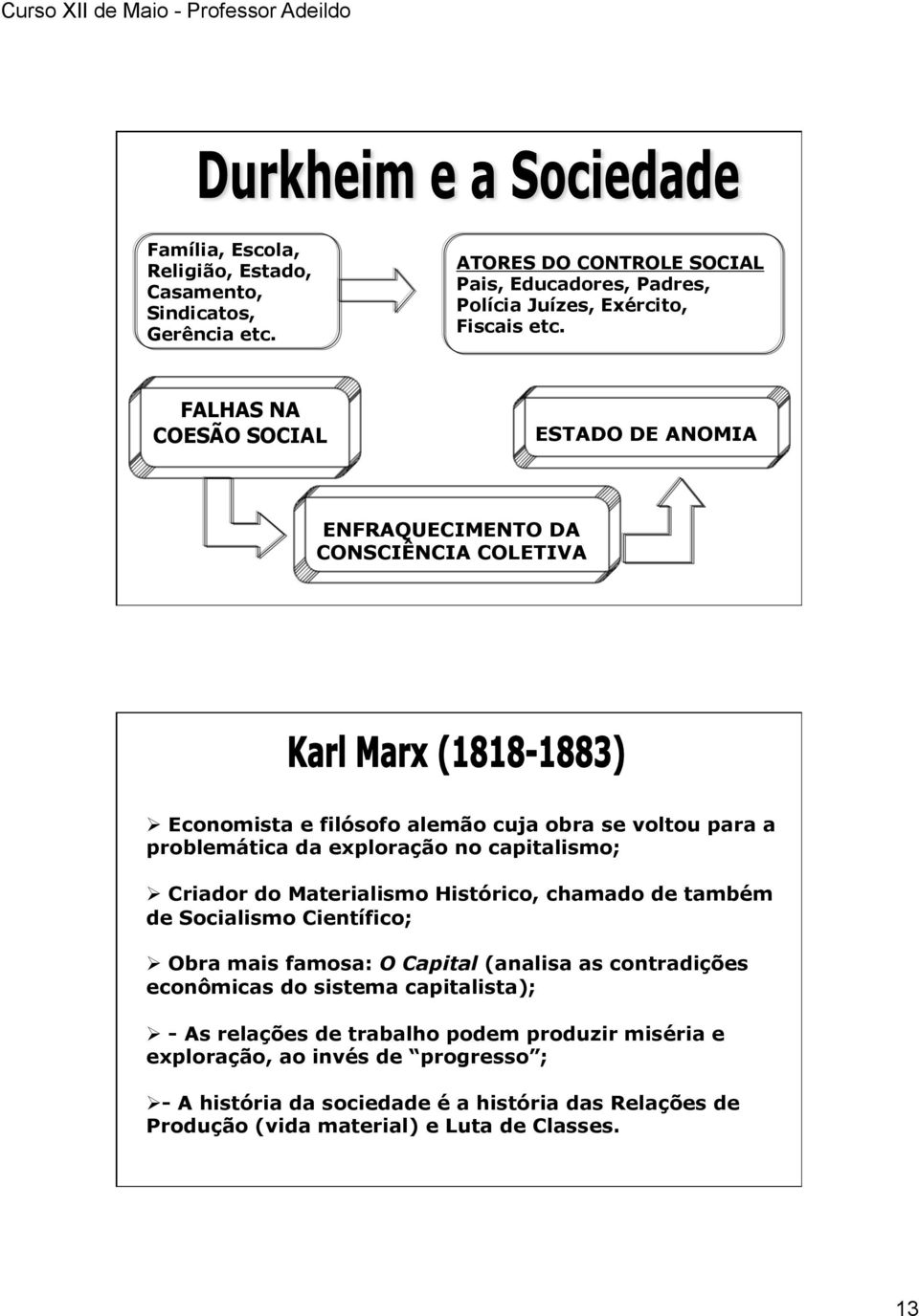 capitalismo; Criador do Materialismo Histórico, chamado de também de Socialismo Científico; Obra mais famosa: O Capital (analisa as contradições econômicas do sistema