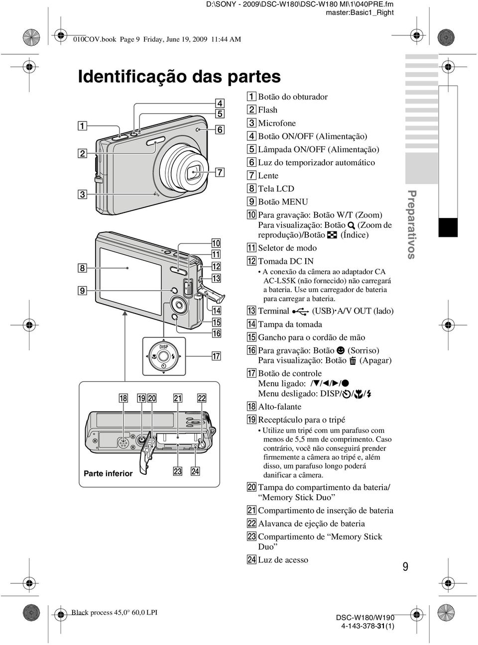 automático GLente HTela LCD IBotão MENU JPara gravação: Botão W/T (Zoom) Para visualização: Botão (Zoom de reprodução)/botão (Índice) KSeletor de modo LTomada DC IN A conexão da câmera ao adaptador