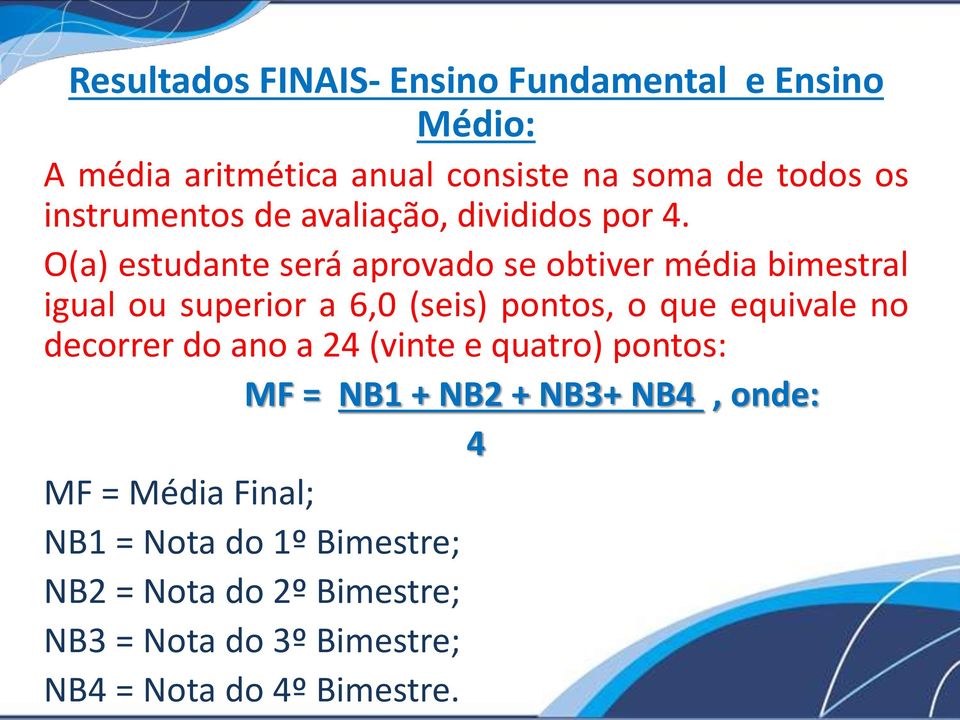 O(a) estudante será aprovado se obtiver média bimestral igual ou superior a 6,0 (seis) pontos, o que equivale no