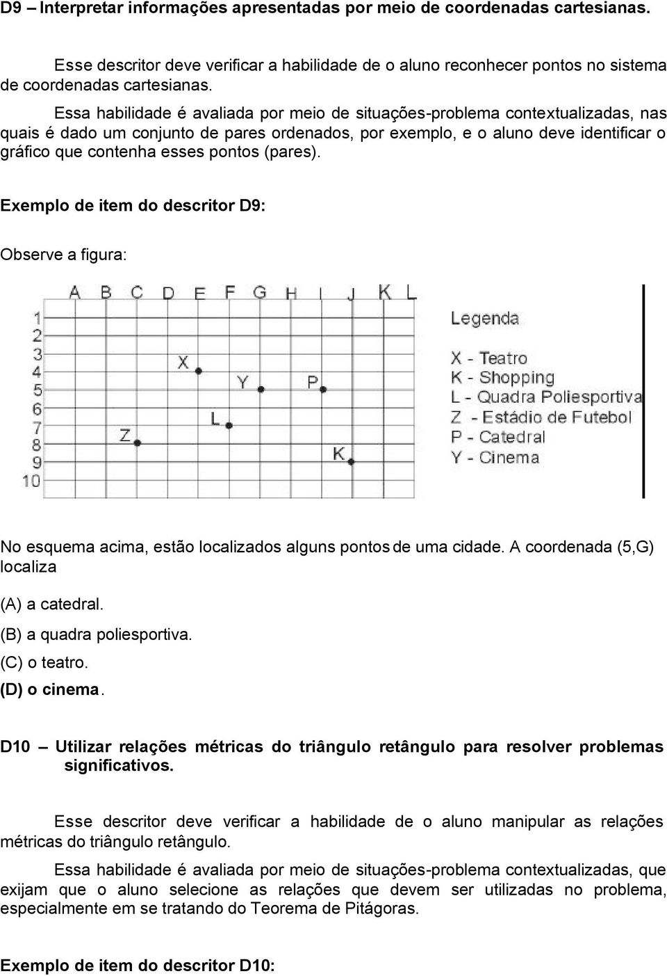 pontos (pares). Exemplo de item do descritor D9: Observe a figura: No esquema acima, estão localizados alguns pontos de uma cidade. A coordenada (5,G) localiza (A) a catedral.