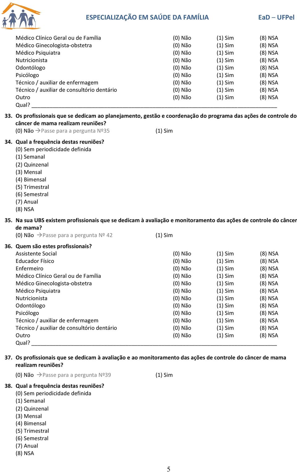 Qual a frequência destas reuniões? 35. Na sua UBS existem profissionais que se dedicam à avaliação e monitoramento das ações de controle do câncer de mama?