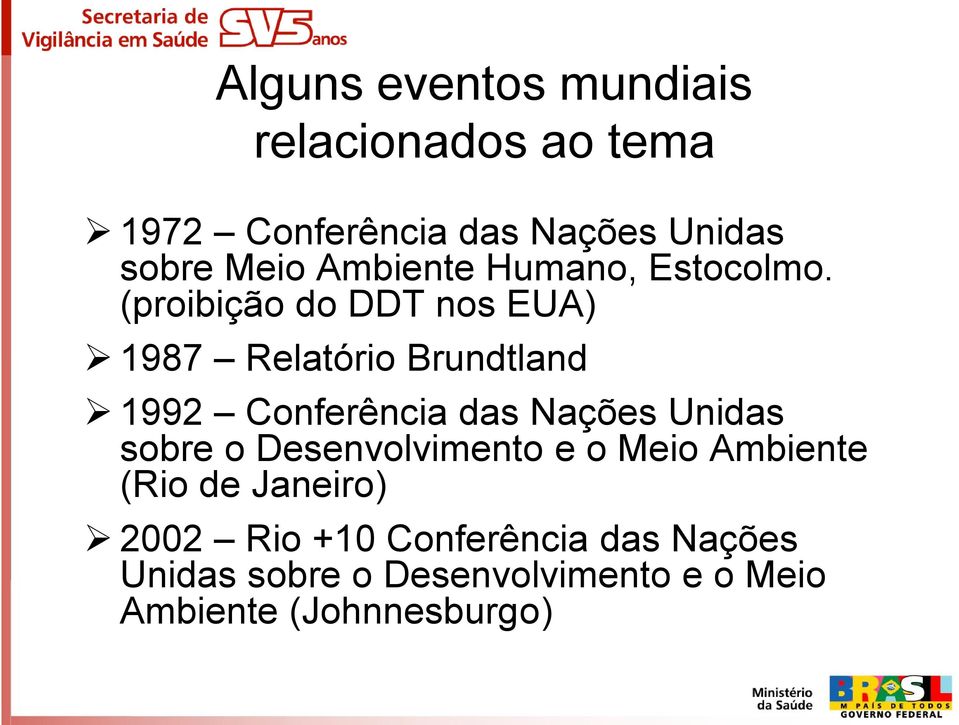 (proibição do DDT nos EUA) 1987 Relatório Brundtland 1992 Conferência das Nações Unidas