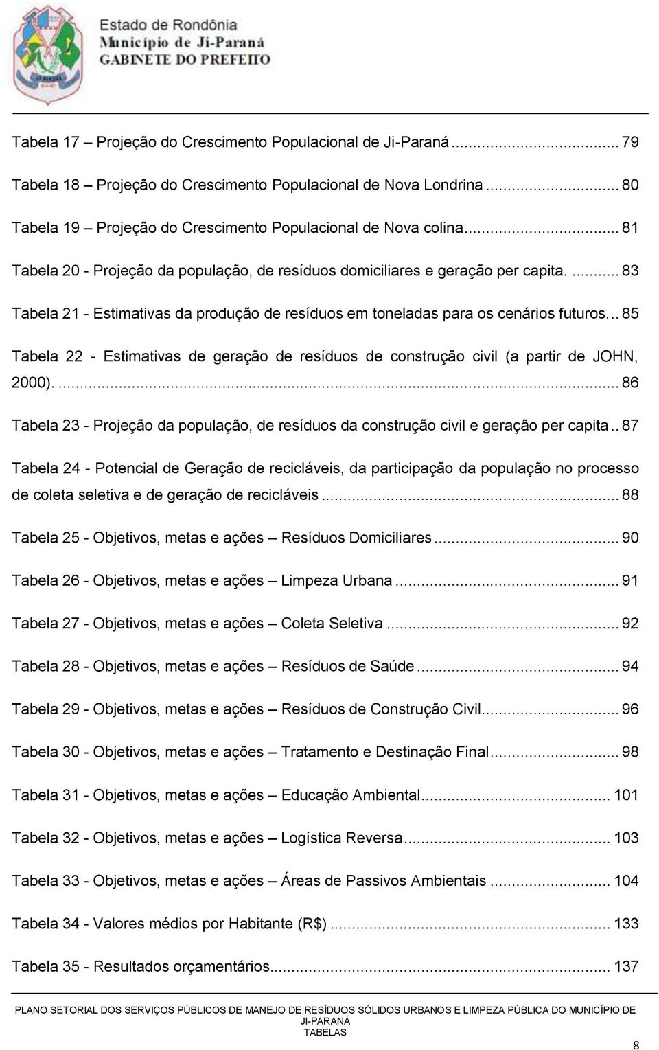 .. 85 Tabela 22 - Estimativas de geração de resíduos de construção civil (a partir de JOHN, 2000).... 86 Tabela 23 - Projeção da população, de resíduos da construção civil e geração per capita.