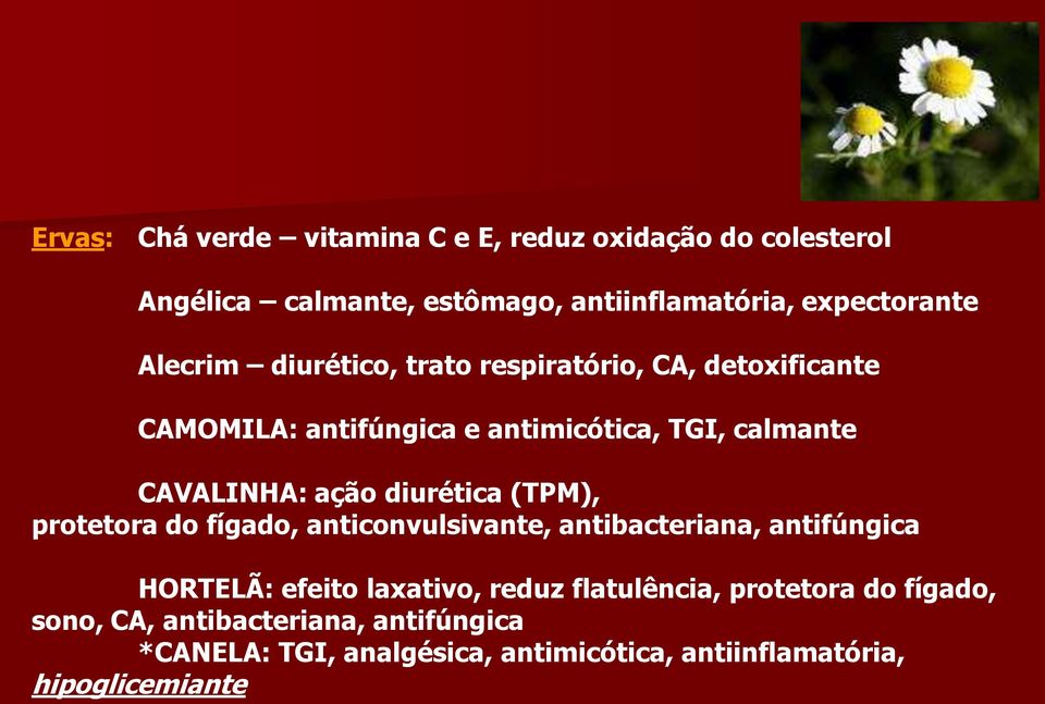 diurética (TPM), protetora do fígado, anticonvulsivante, antibacteriana, antifúngica HORTELÃ: efeito laxativo, reduz