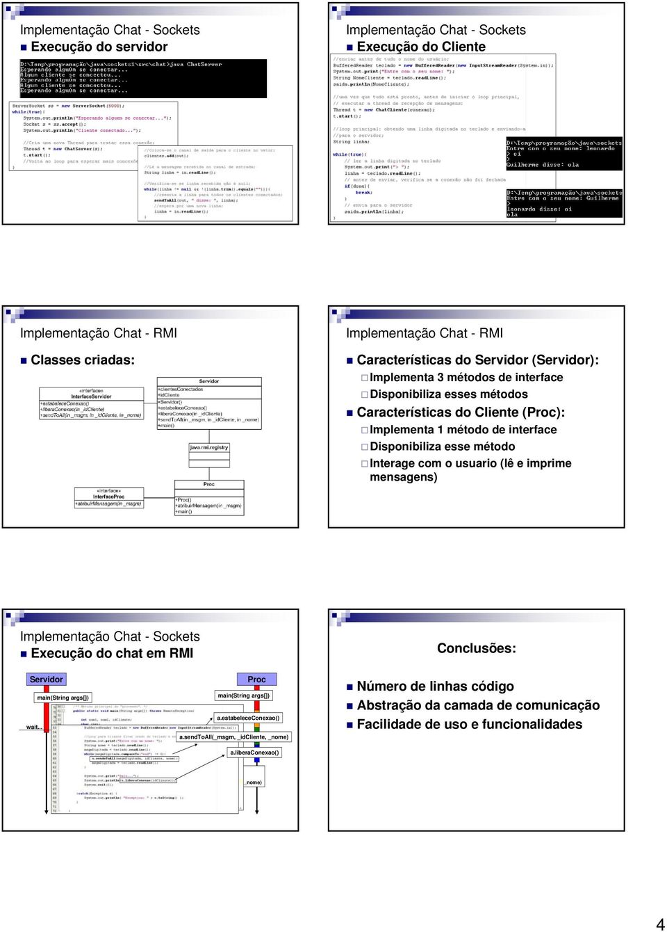 mensagens) Execução do chat em RMI Conclusões: Servidor wait... main(string args[]) Proc main(string args[]) a.estabelececonexao() a.sendtoall(_msgm, _idcliente, _nome) a.