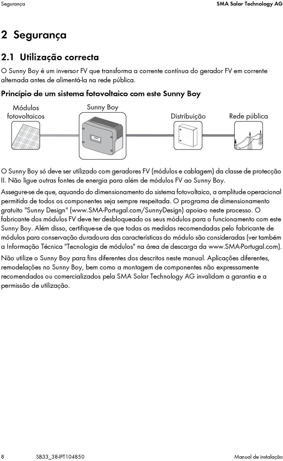 Princípio de um sistema fotovoltaico com este Sunny Boy O Sunny Boy só deve ser utilizado com geradores FV (módulos e cablagem) da classe de protecção II.