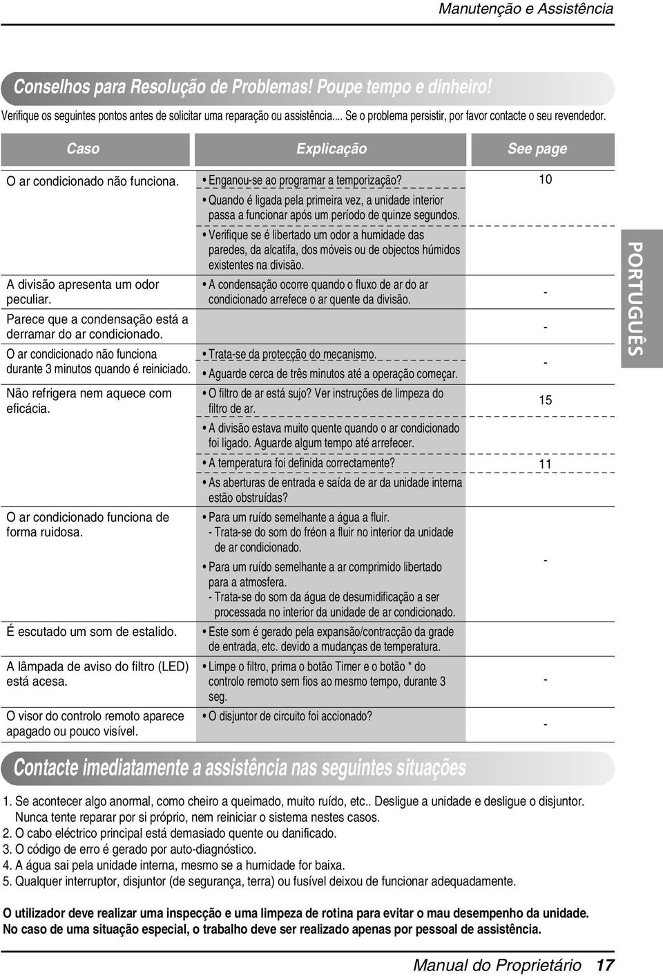 Quando é ligada pela primeira vez, a unidade interior passa a funcionar após um período de quinze segundos.