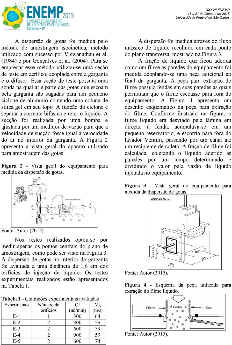 Essa seção de teste possuía uma sonda na qual ar e parte das gotas que escoam pela garganta são sugadas para um pequeno ciclone de alumínio contendo uma coluna de sílica gel em seu topo.