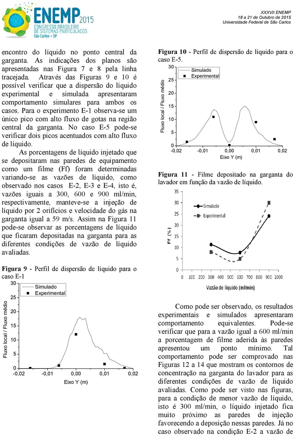 Para o experimento E-1 observa-se um único pico com alto fluxo de gotas na região central da garganta. No caso E-5 pode-se verificar dois picos acentuados com alto fluxo de líquido.