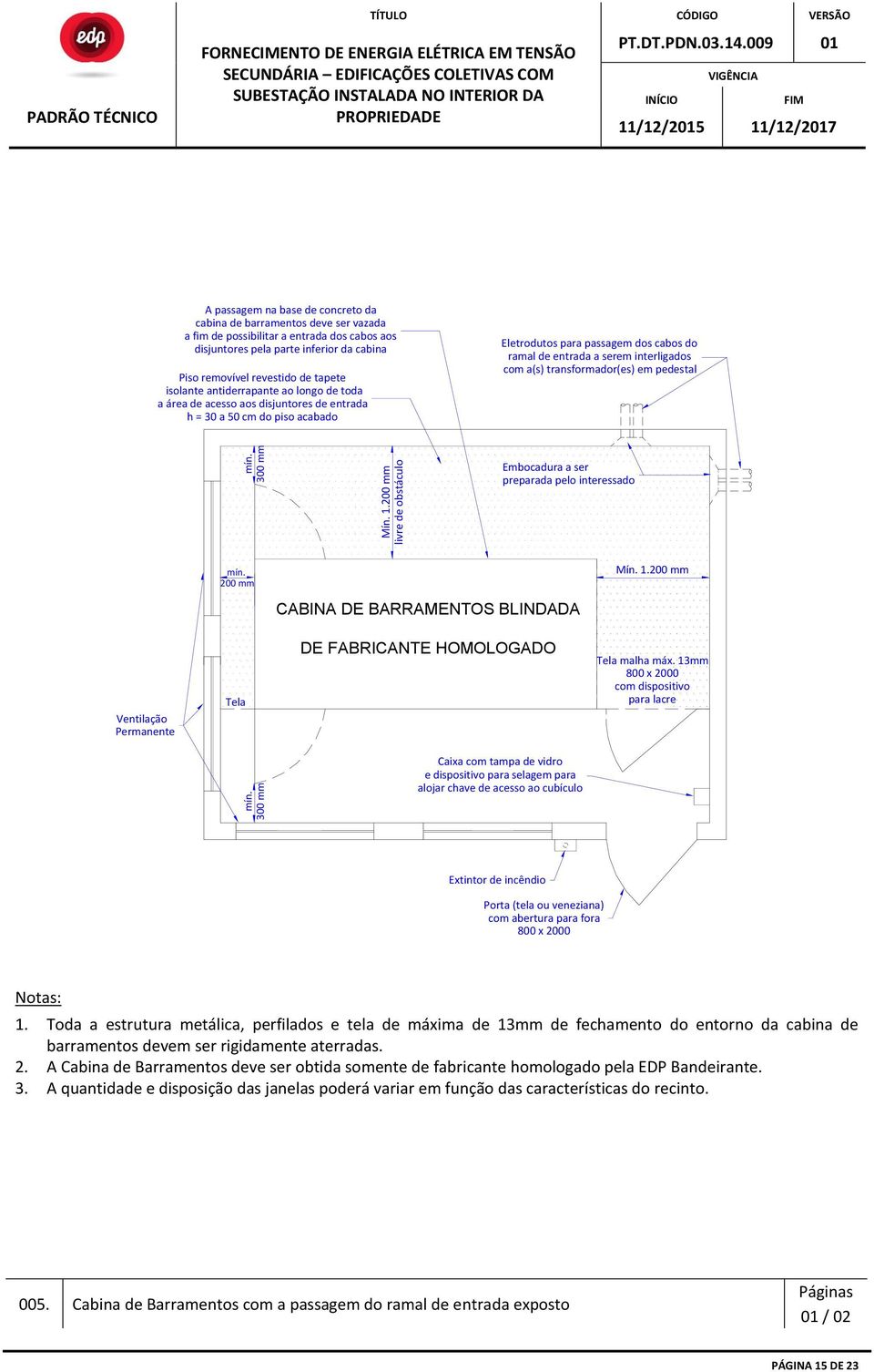 a(s) transformador(es) em pedestal mín. 300 mm Mín. 1.200 mm livre de obstáculo Embocadura a ser preparada pelo interessado mín. 200 mm Mín. 1.200 mm CABINA DE BARRAMENTOS BLINDADA Ventilação Permanente Tela DE FABRICANTE HOMOLOGADO Tela malha máx.