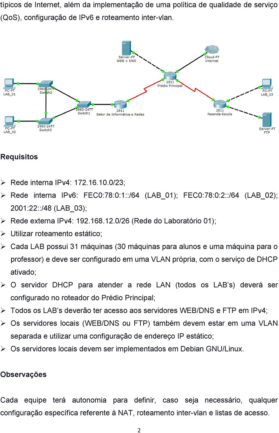 0/26 (Rede do Laboratório 01); Utilizar roteamento estático; Cada LAB possui 31 máquinas (30 máquinas para alunos e uma máquina para o professor) e deve ser configurado em uma VLAN própria, com o