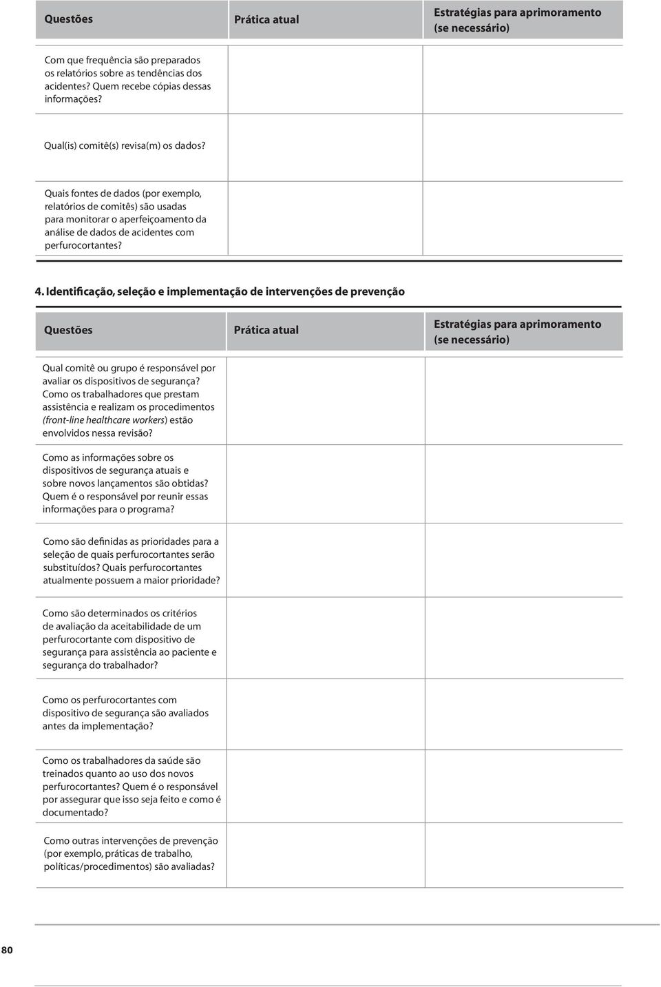 Identificação, seleção e implementação de intervenções de prevenção Questões Qual comitê ou grupo é responsável por avaliar os dispositivos de segurança?