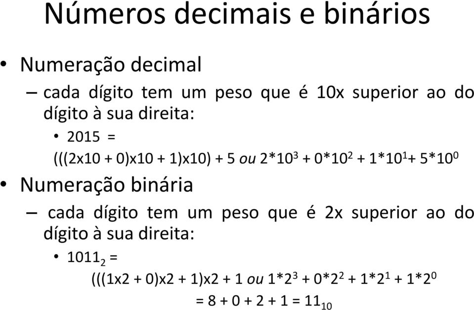 5*10 0 Numeração binária cada dígito tem um peso que é 2x superior ao do dígito à sua