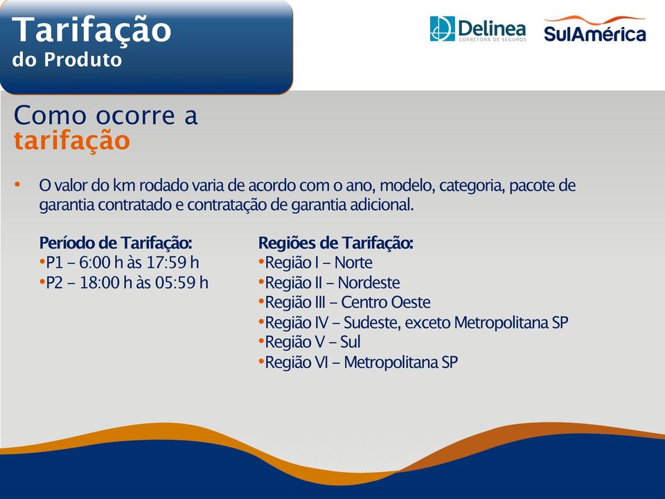 Período de Tarifação: P1-6:00 h às 17:59 h P2-18:00 h às 05:59 h Regiões de Tarifação: Região I -