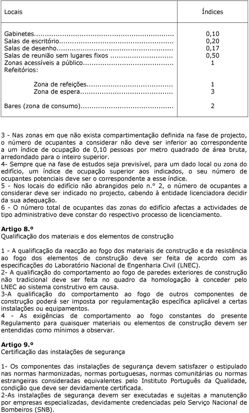 .. 0,10 0,20 0,17 0,50 1 1 3 2 3 - Nas zonas em que não exista compartimentação definida na fase de projecto, o número de ocupantes a considerar não deve ser inferior ao correspondente a um índice de