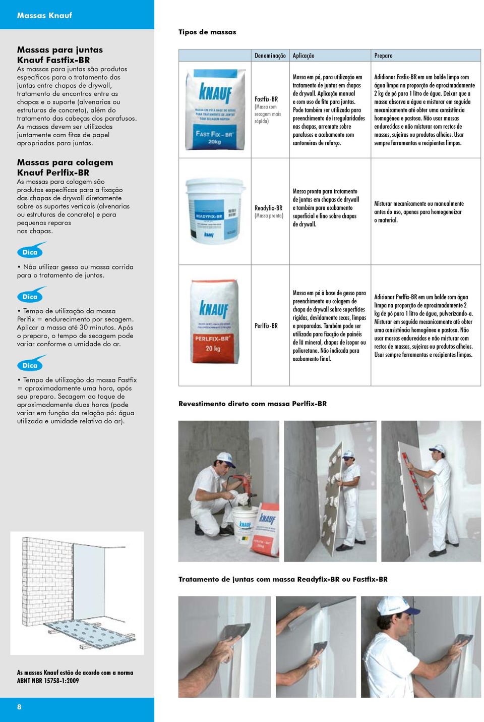 Denominação Aplicação Preparo Fastfix-BR (Massa com secagem mais rápida) Massa em pó, para utilização em tratamento de juntas em chapas de drywall. Aplicação manual e com uso de fita para juntas.