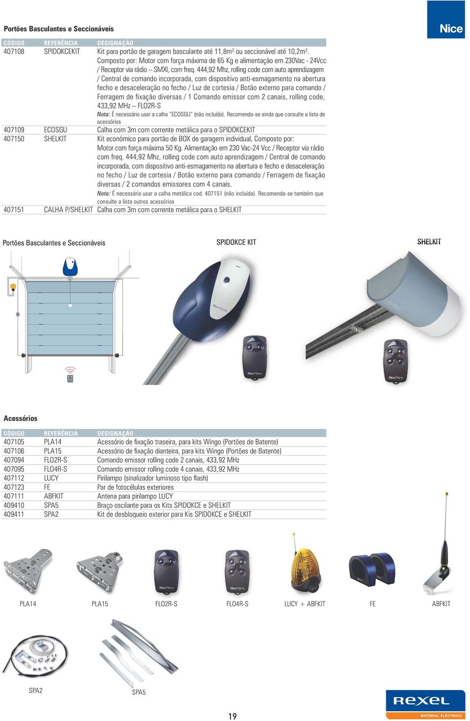 444,92 Mhz, rolling code com auto aprendizagem / Central de comando incorporada, com dispositivo anti-esmagamento na abertura fecho e desaceleração no fecho / Luz de cortesia / Botão externo para