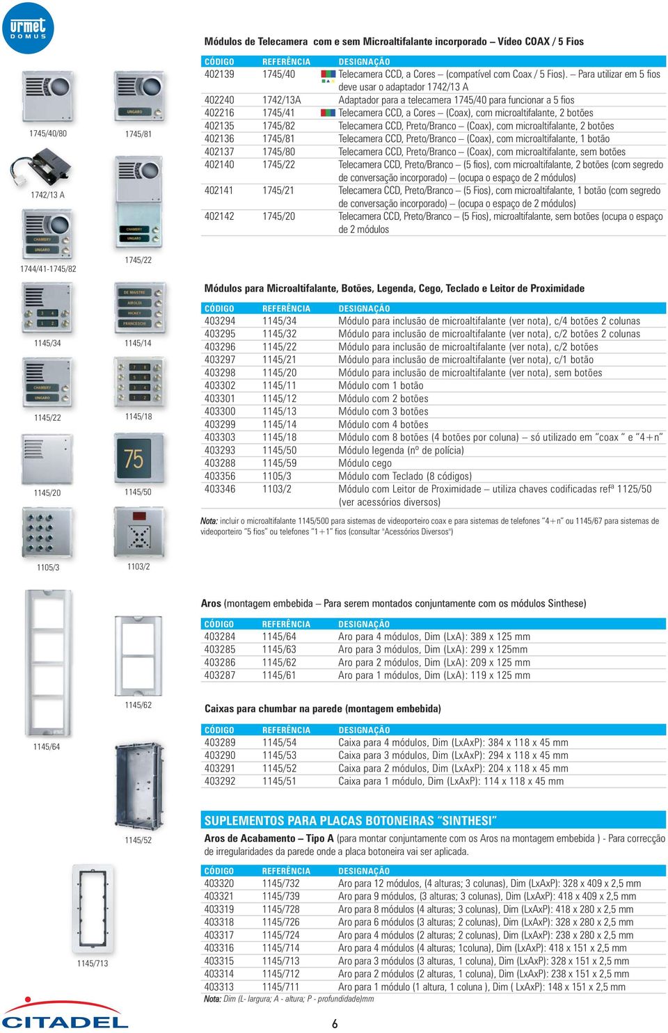 microaltifalante, 2 botões 402135 1745/82 Telecamera CCD, Preto/Branco (Coax), com microaltifalante, 2 botões 402136 1745/81 Telecamera CCD, Preto/Branco (Coax), com microaltifalante, 1 botão 402137