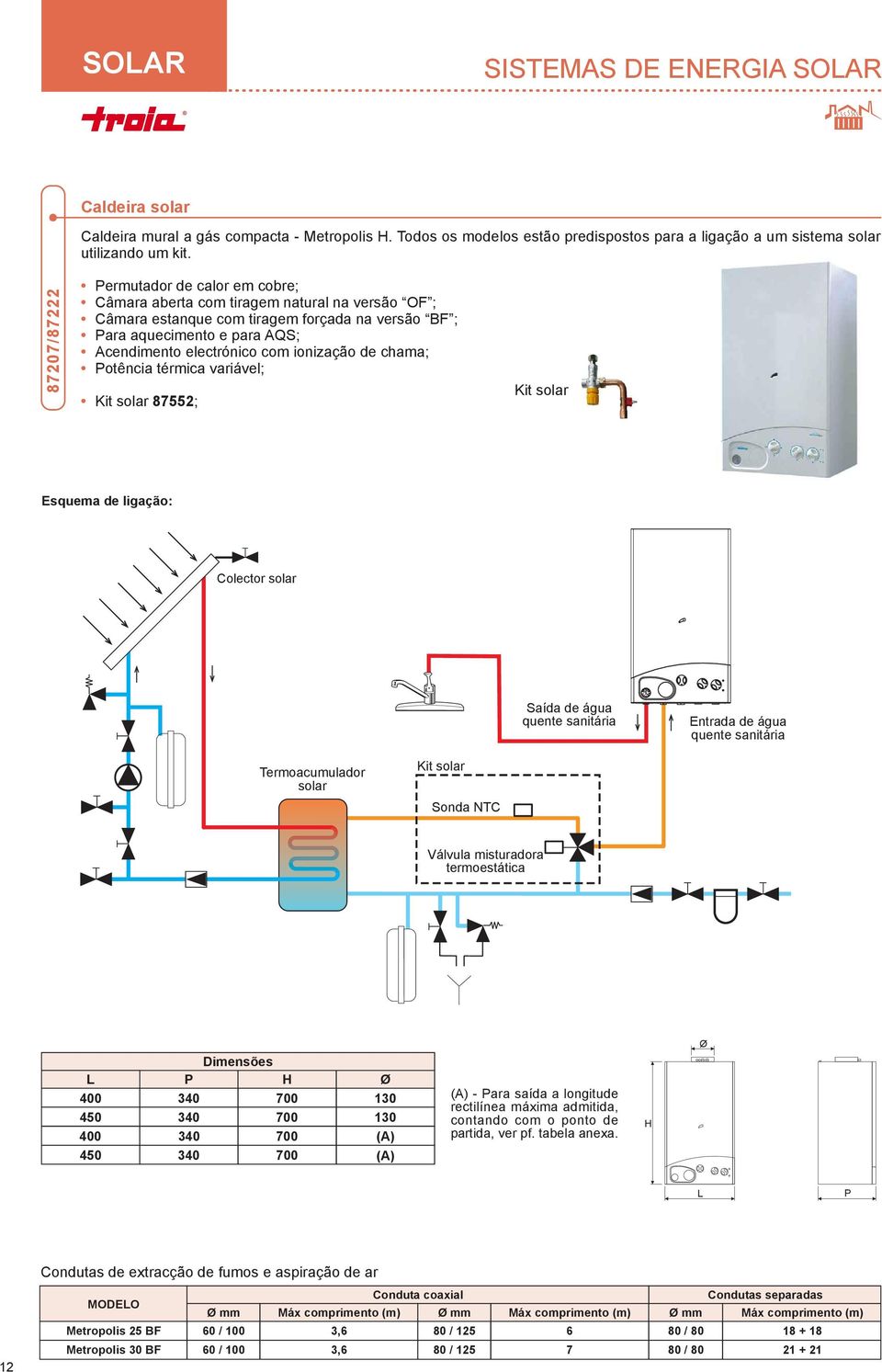 ionização de chama; Potência térmica variável; Kit solar 87552; Kit solar Esquema de ligação: Colector solar Saída de água quente sanitária Entrada de água quente sanitária Termoacumulador solar Kit