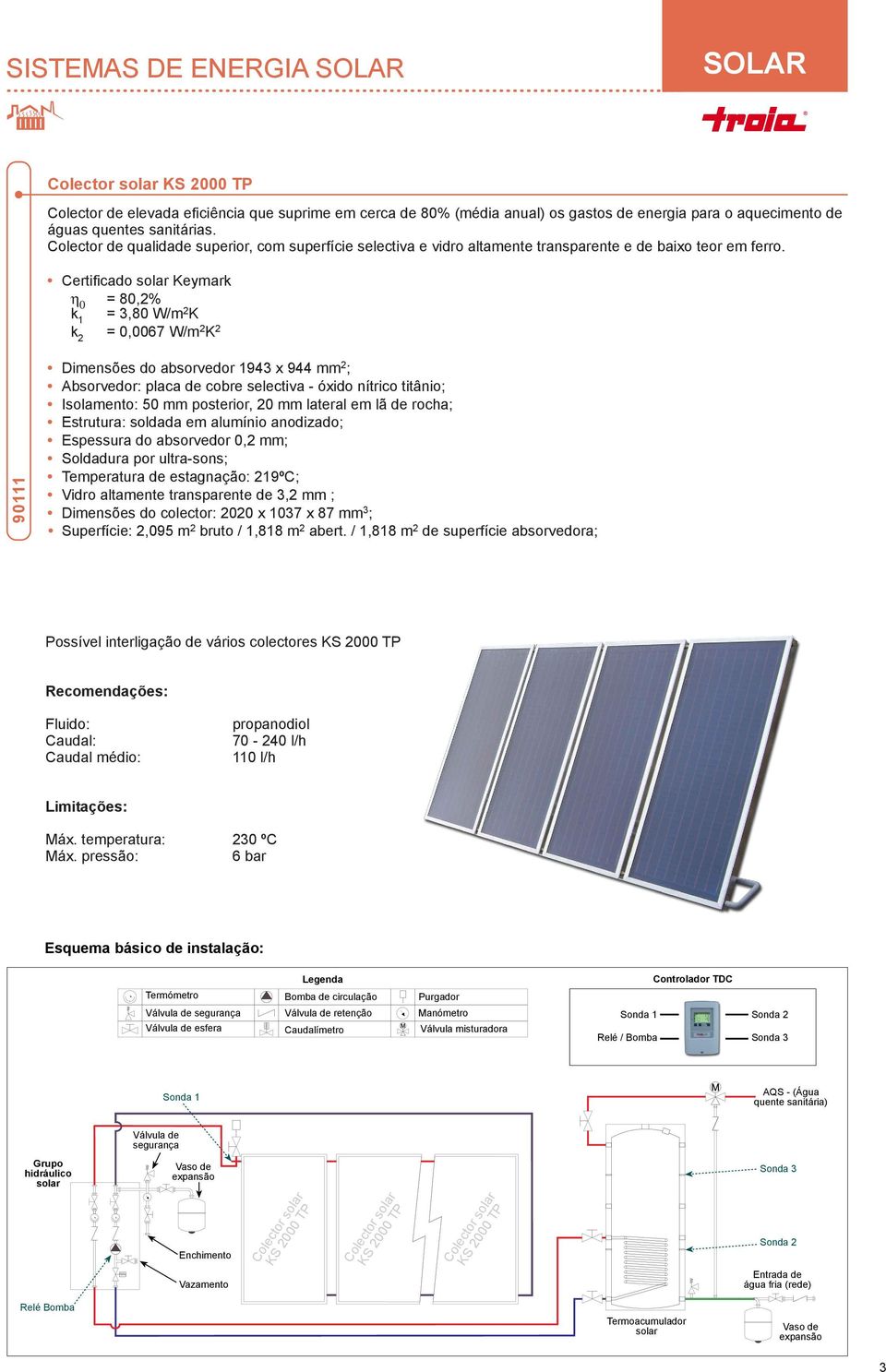 Certificado solar Keymark η 0 = 80,2% k 1 = 3,80 W/m 2 K k 2 = 0,007 W/m 2 K 2 90111 Dimensões do absorvedor 1943 x 944 mm 2 ; Absorvedor: placa de cobre selectiva óxido nítrico titânio; Isolamento: