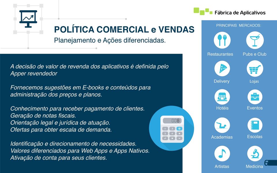 administração dos preços e planos. Conhecimento para receber pagamento de clientes. Geração de notas fiscais. Orientação legal e jurídica de atuação.