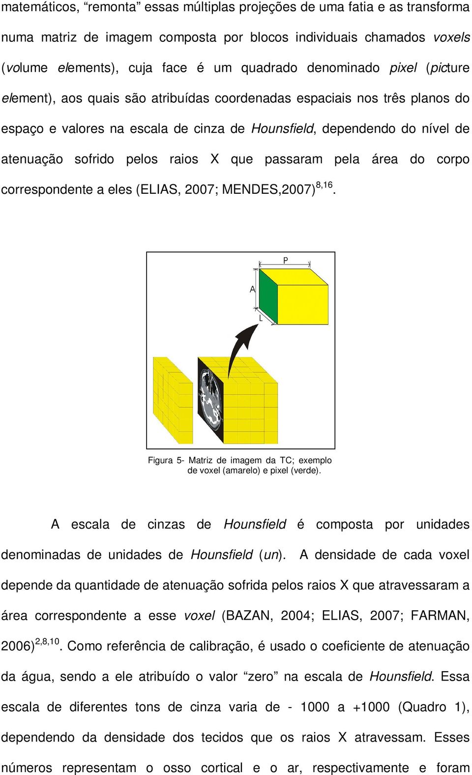 que passaram pela área do corpo correspondente a eles (ELIAS, 2007; MENDES,2007) 8,16. Figura 5- Matriz de imagem da TC; exemplo de voxel (amarelo) e pixel (verde).