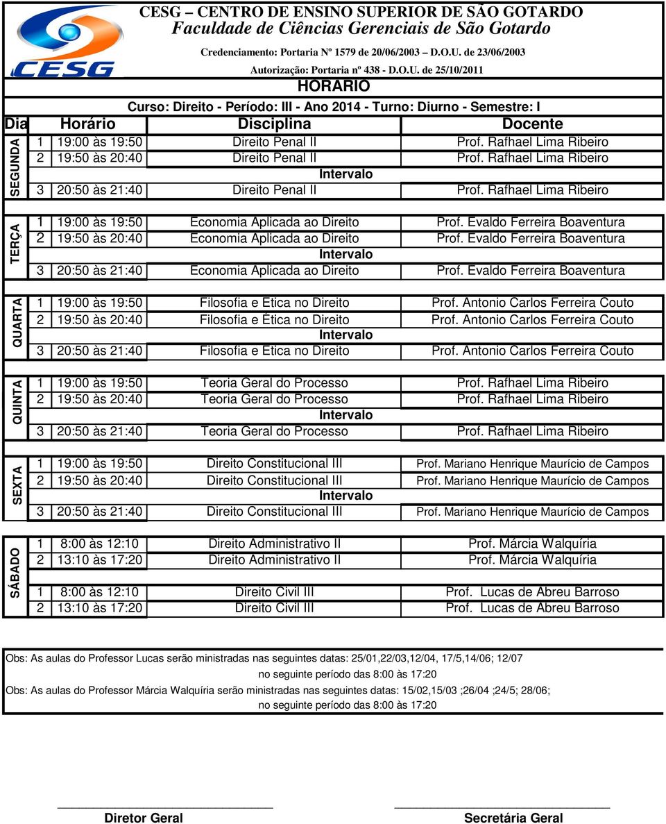 Rafhael Lima Ribeiro SÁBADO SEXTA QUINTA QUARTA TERÇA 1 19:00 às 19:50 Economia Aplicada ao Direito Prof. Evaldo Ferreira Boaventura 2 19:50 às 20:40 Economia Aplicada ao Direito Prof.