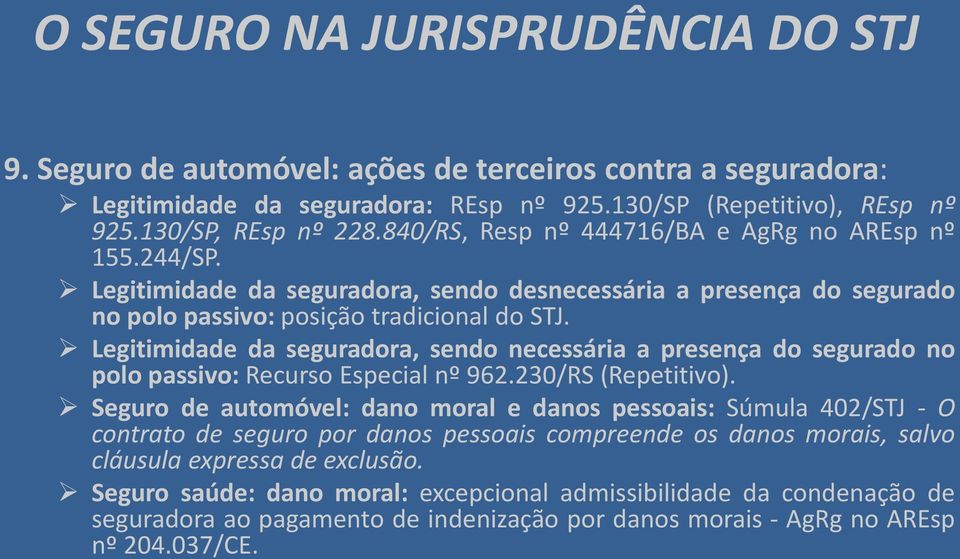 Legitimidade da seguradora, sendo necessária a presença do segurado no polo passivo: Recurso Especial nº 962.230/RS (Repetitivo).