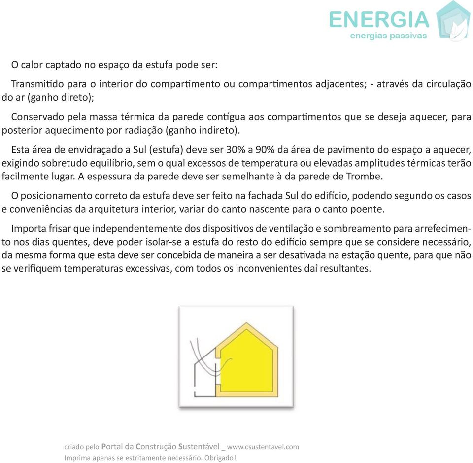 Esta área de envidraçado a Sul (estufa) deve ser 30% a 90% da área de pavimento do espaço a aquecer, exigindo sobretudo equilíbrio, sem o qual excessos de temperatura ou elevadas amplitudes térmicas