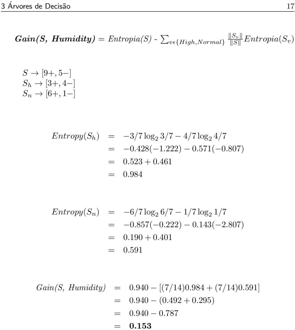 523 + 0.461 = 0.984 Entropy(S n ) = 6/7 log 2 6/7 1/7 log 2 1/7 = 0.857( 0.222) 0.143( 2.807) = 0.190 + 0.