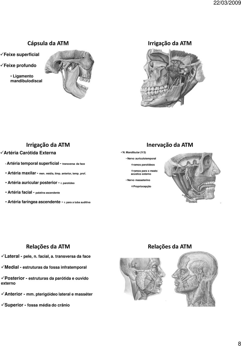 Mandibular (V/3) Nervo auriculotemporal ramos parotídeos ramos para o meato acústico externo Nervo masseterino Propriocepção Inervação da ATM Artéria faríngea ascendente - r.