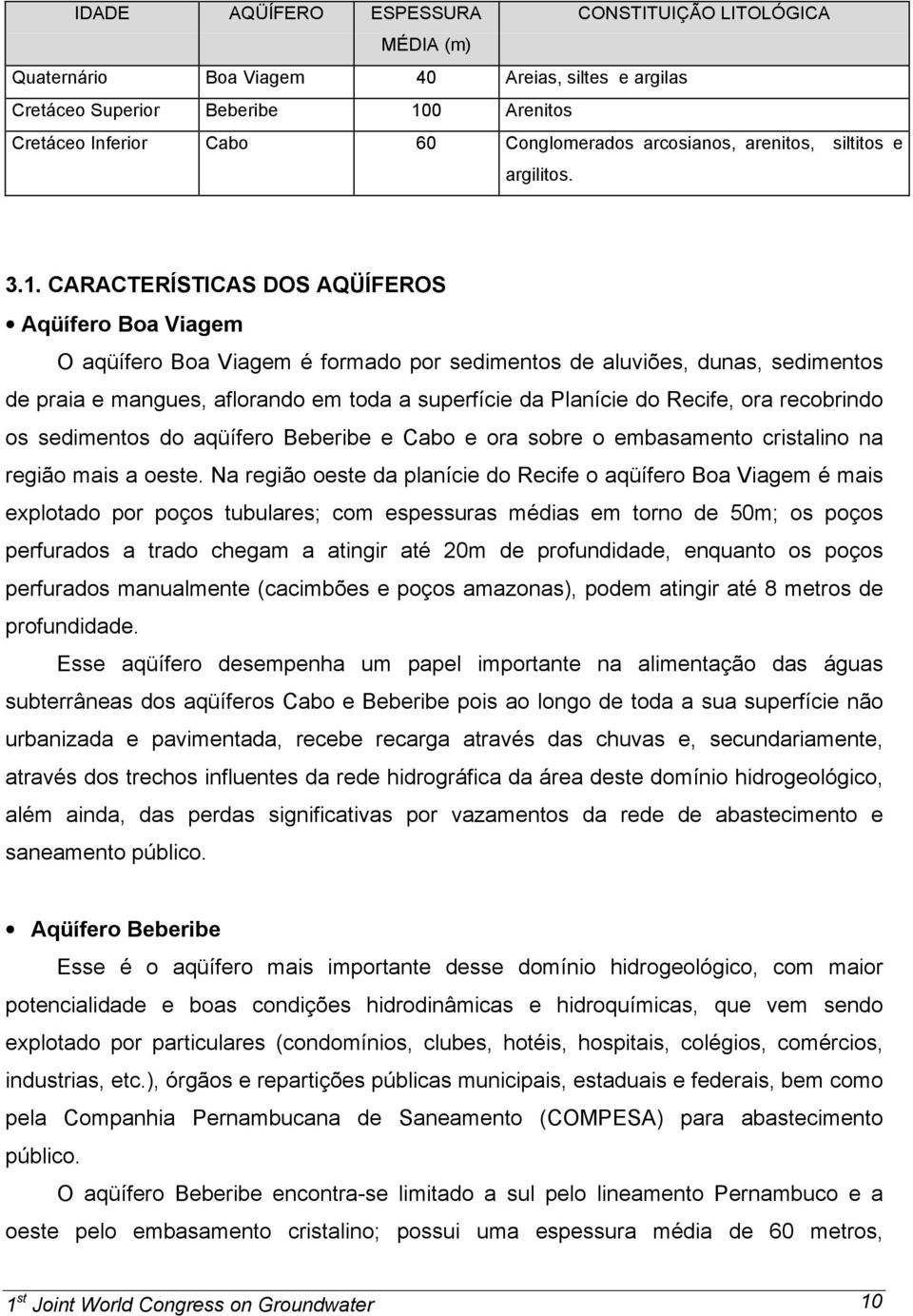 CARACTERÍSTICAS DOS AQÜÍFEROS Aqüífero Boa Viagem O aqüífero Boa Viagem é formado por sedimentos de aluviões, dunas, sedimentos de praia e mangues, aflorando em toda a superfície da Planície do