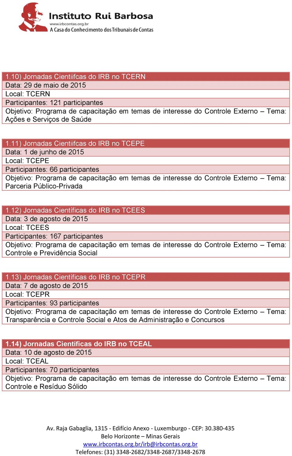 11) Jornadas Cientiifcas do IRB no TCEPE Data: 1 de junho de 2015 Local: TCEPE Participantes: 66 participantes Objetivo: Programa de capacitação em temas de interesse do Controle Externo Tema: