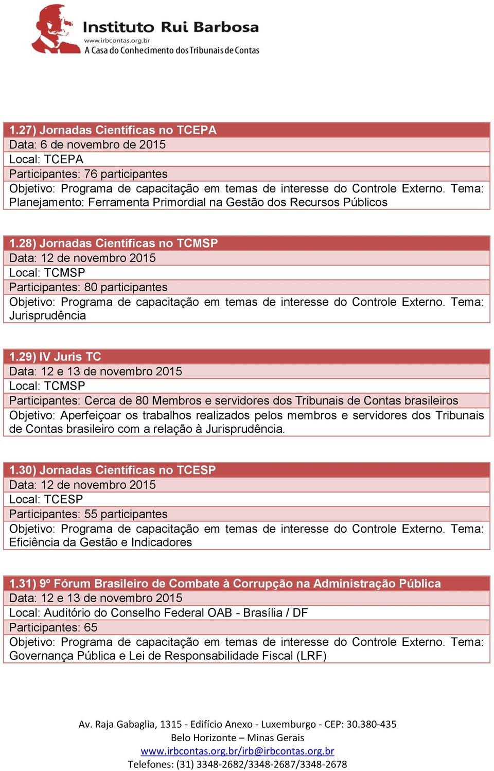 28) Jornadas Científicas no TCMSP Data: 12 de novembro 2015 Local: TCMSP Participantes: 80 participantes Objetivo: Programa de capacitação em temas de interesse do Controle Externo.