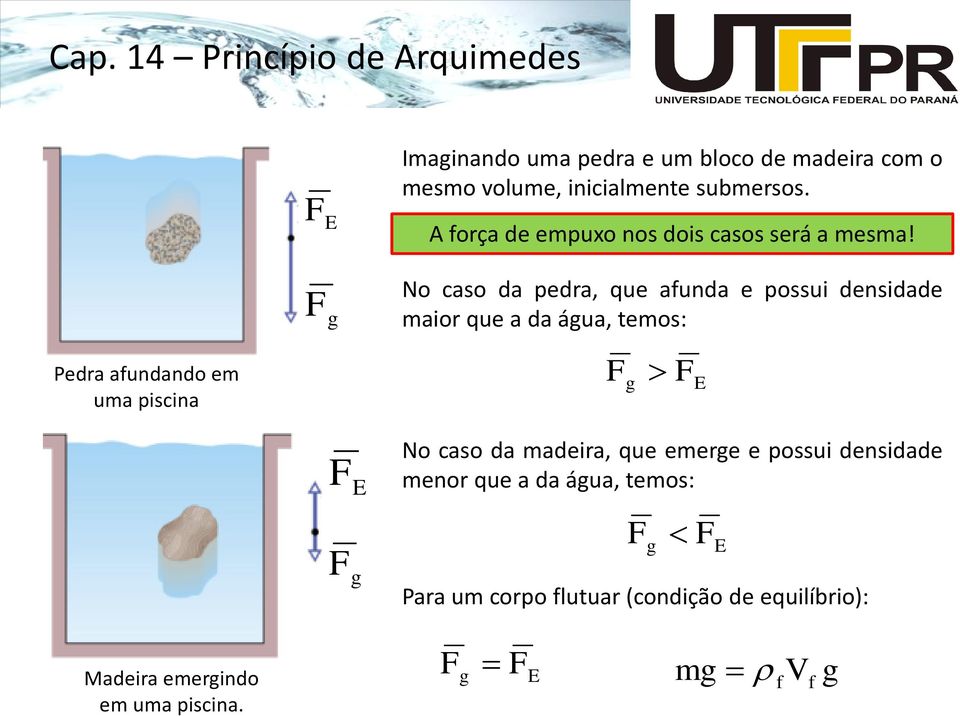 No caso da pedra, que aunda e possui densidade aior que a da água, teos: g E No caso da adeira, que eerge