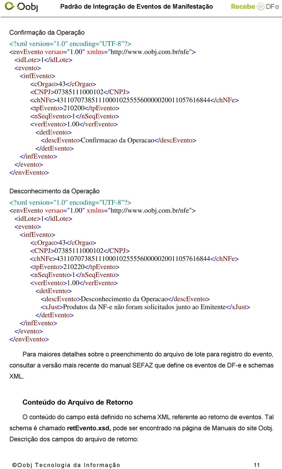 <nseqevento>1</nseqevento> <verevento>1.00</verevento> <detevento> <descevento>confirmacao da Operacao</descEvento> </detevento> </infevento> </evento> </envevento> Desconhecimento da Operação <?