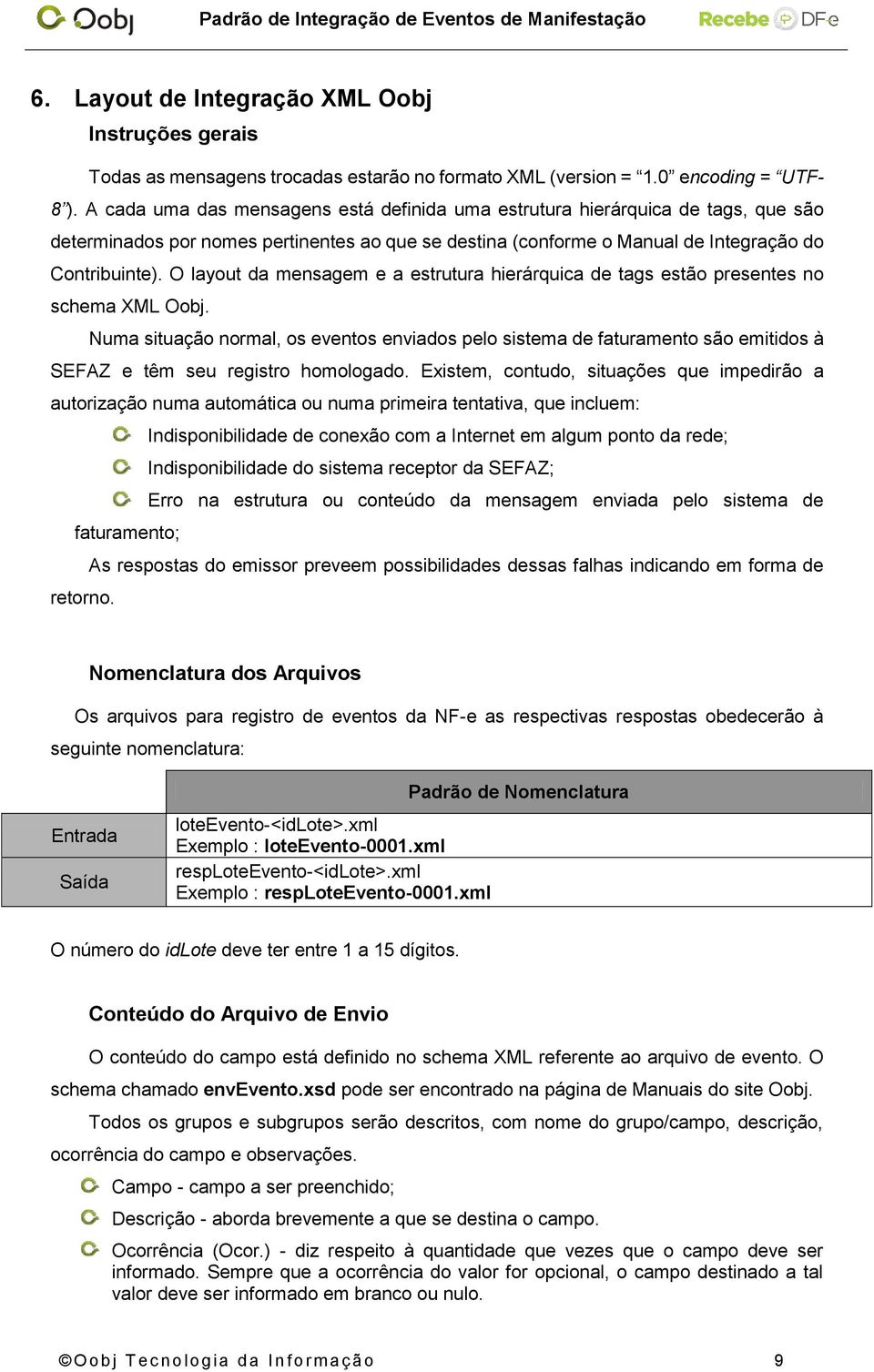 O layout da mensagem e a estrutura hierárquica de tags estão presentes no schema XML Oobj.