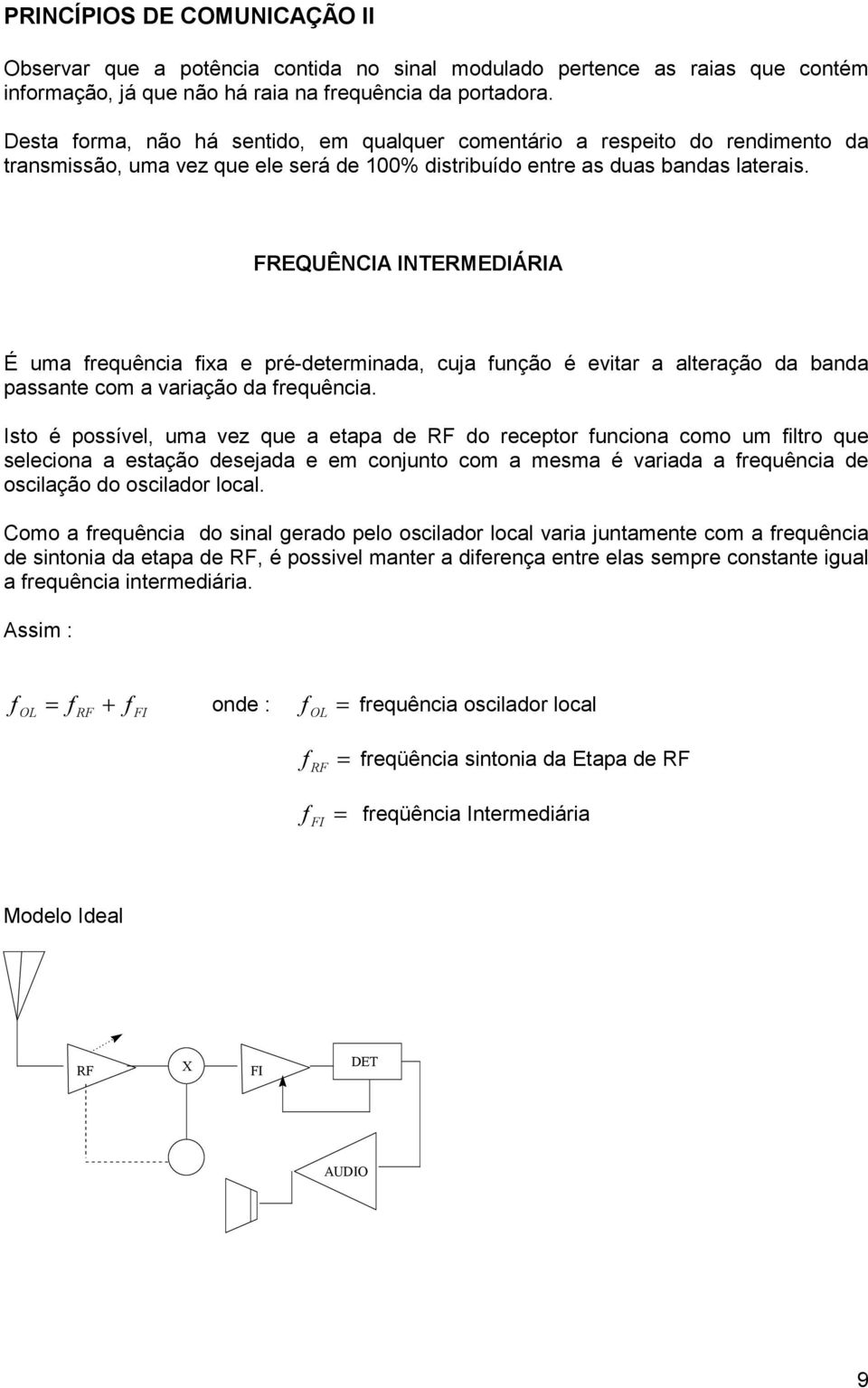 FREQUÊNCIA INTERMEDIÁRIA É ua frequência fixa e ré-deterinada, cuja função é evitar a alteração da banda assante co a variação da frequência.