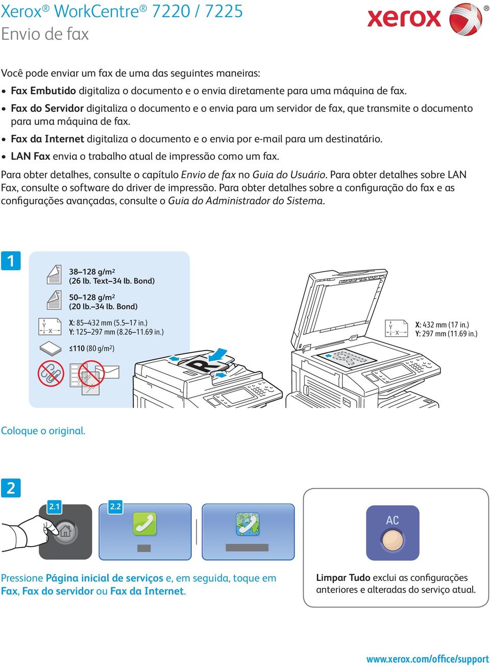 Fax da Internet digitaliza o documento e o envia por e-mail para um destinatário. LAN Fax envia o trabalho atual de impressão como um fax.