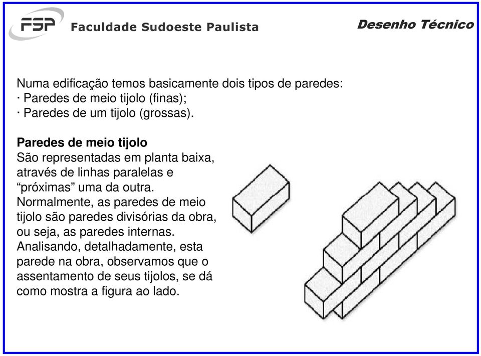 Paredes de meio tijolo São representadas em planta baixa, através de linhas paralelas e próximas uma da outra.