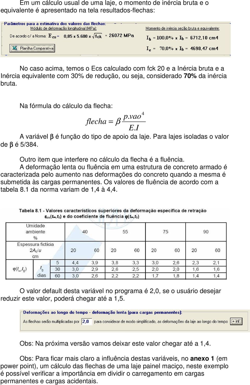 Para lajes isoladas o valor de β é 5/384. Outro item que interfere no cálculo da flecha é a fluência.