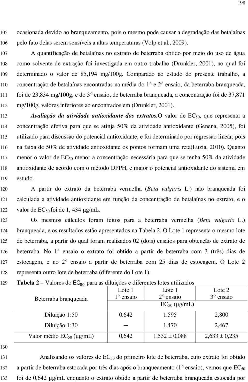 A quantificação de betalaínas no extrato de beterraba obtido por meio do uso de água como solvente de extração foi investigada em outro trabalho (Drunkler, 2001), no qual foi determinado o valor de