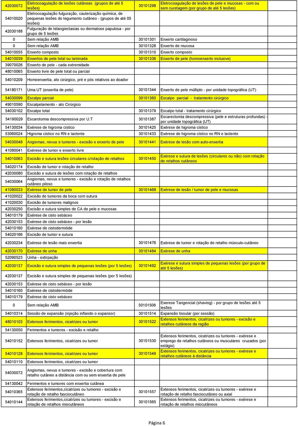 Sem relação AMB 30101301 Enxerto cartilaginoso 0 Sem relação AMB 30101328 Enxerto de mucosa 54010055 Enxerto composto 30101310 Enxerto composto 54010039 Enxertos de pele total ou laminada 30101336