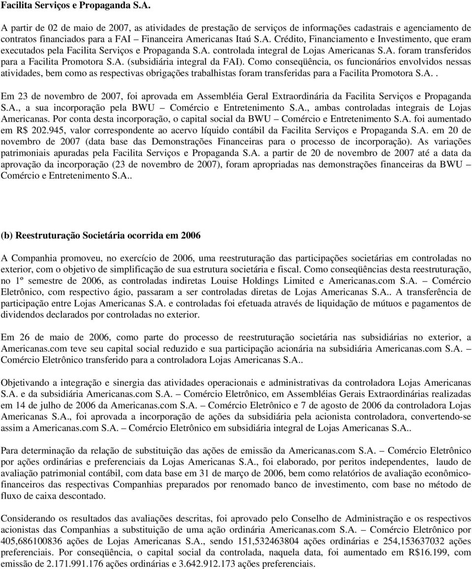 A. foram transferidos para a Facilita Promotora S.A. (subsidiária integral da FAI).