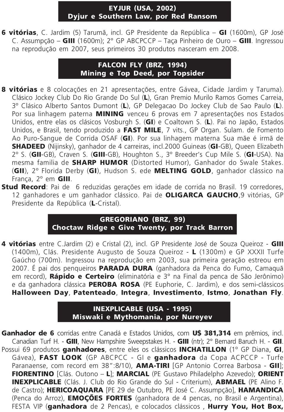 FALCON FLY (BRZ, 1994) Mining e Top Deed, por Topsider 8 vitórias e 8 colocações en 21 apresentações, entre Gávea, Cidade Jardim y Taruma).
