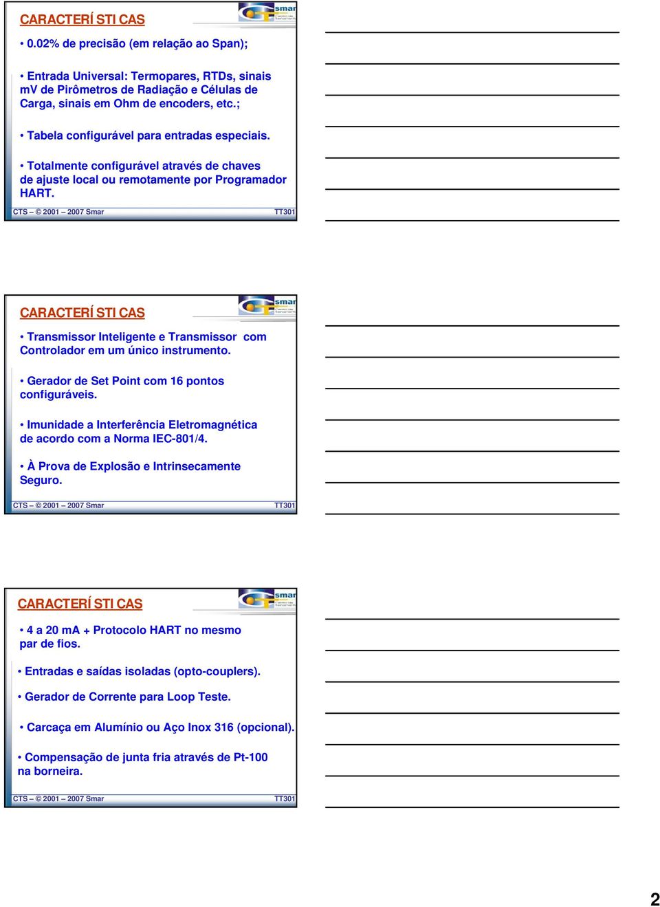 CARACTERÍSTICAS Transmissor Inteligente e Transmissor com Controlador em um único instrumento. Gerador de Set Point com 6 pontos configuráveis.