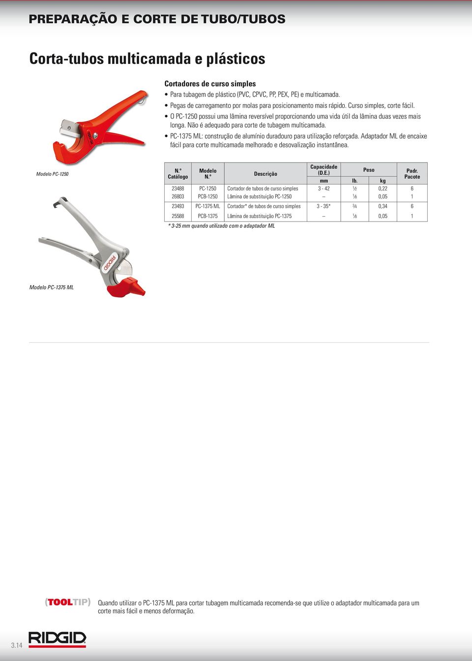 PC-1375 ML: construção de alumínio duradouro para utilização reforçada. Adaptador ML de encaixe fácil para corte multicamada melhorado e desovalização instantânea. PC-1250 Capacidade (D.E.) mm lb.