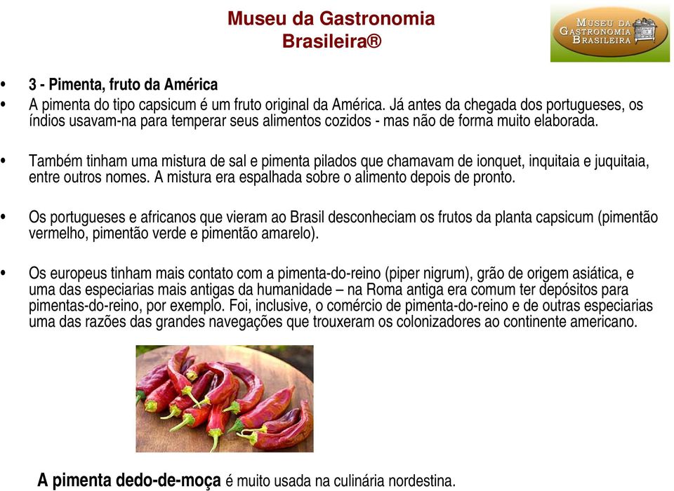 Também tinham uma mistura de sal e pimenta pilados que chamavam de ionquet, inquitaia e juquitaia, entre outros nomes. A mistura era espalhada sobre o alimento depois de pronto.